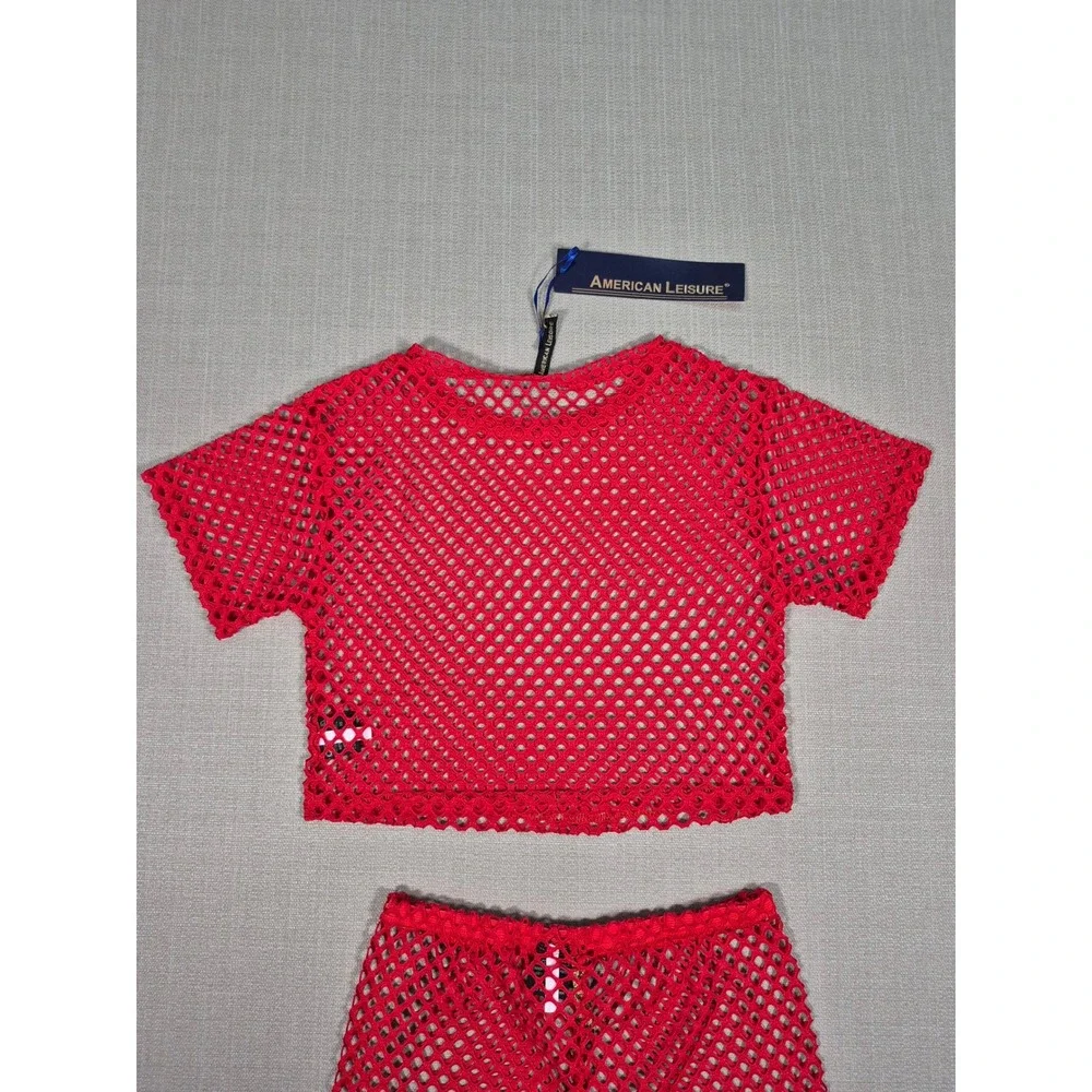 American Leisure Women's Red Mesh Two Piece Set Crop Top Shorts Size S NWT